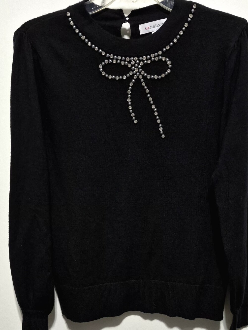 Liz Claiborne Black Long-Sleeve Sweater with Jewel Bow Neckline